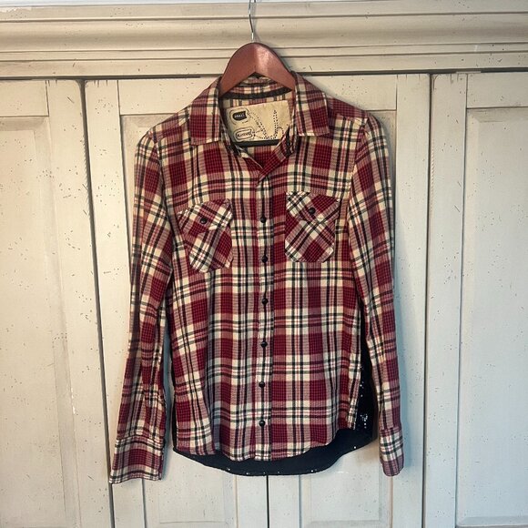 BLANK NYC Plaid Button Down with Sequin Back, Red Cream, Size Small - Picture 5 of 13